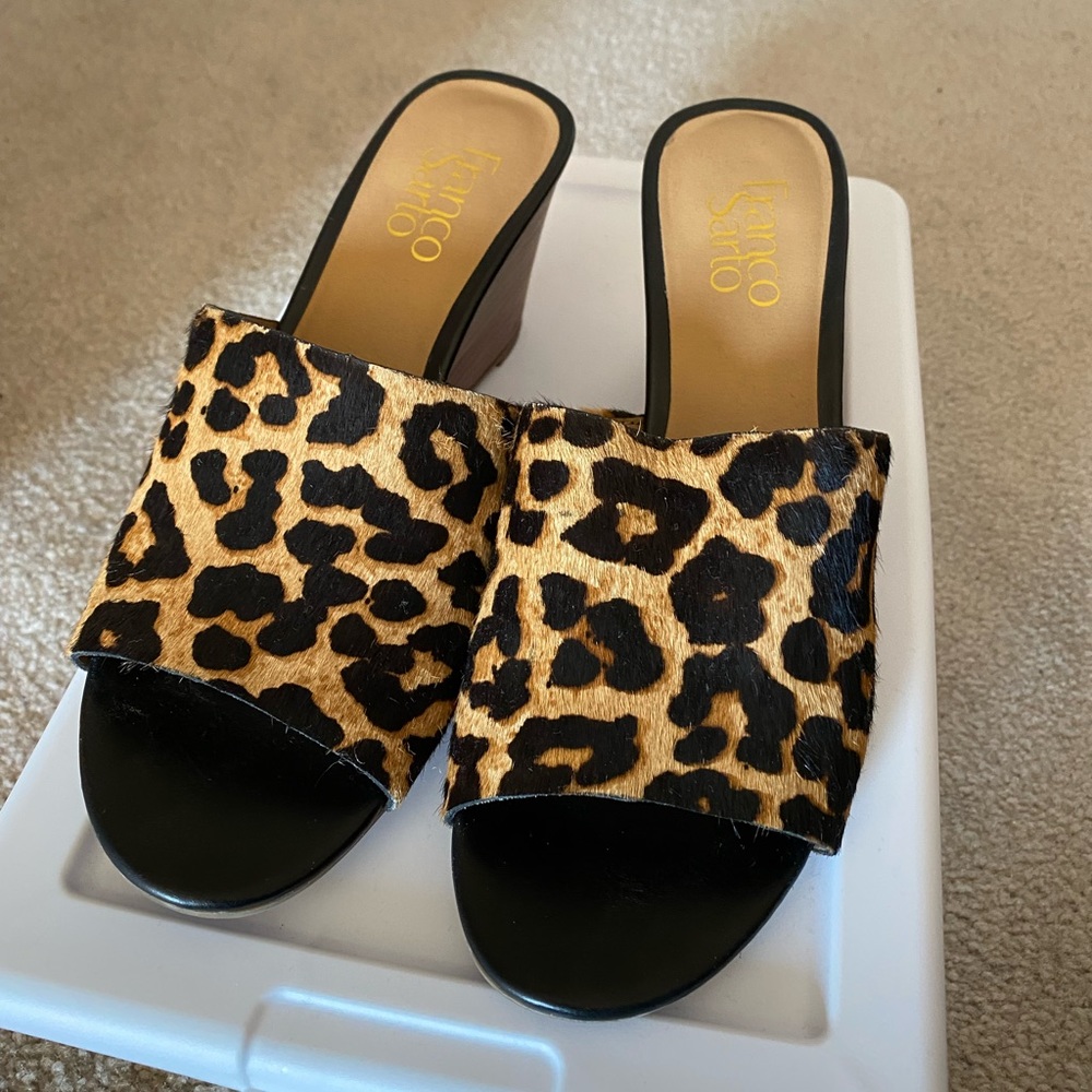 NWOB Franco Sarto Leopard Print Calf hair stacked wedge mule/slide